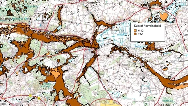 På kortet ses et udsnit af kulstofholdige lavbundsjorde på Djursland. Foto: Djursland Landboforening.