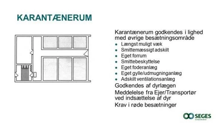 Et karantænerum skal opfylde kravet til eget forrum, smittebeskyttelse, eget foderanlæg, eget gylle- eller udmugningsanlæg, og så skal ventilationsanlægget også være adskilt fra ventilationen fra den øvrige besætning. Kilde: SPF