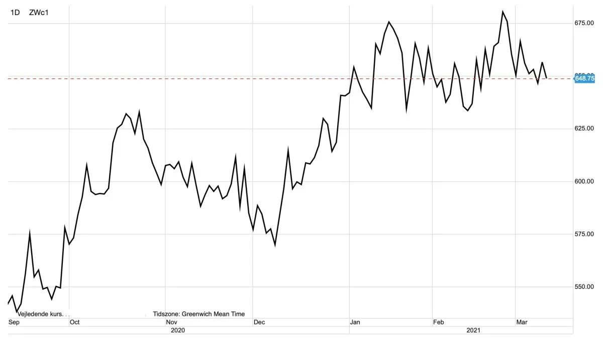CBOT-hvede i US-cent pr. bushel
Hvedeprisen i USA såvel som her i Europa står lidt i stampe, til trods for prisstærke estimater for det globale hvedelager i denne måneds WASDE-rapport. 