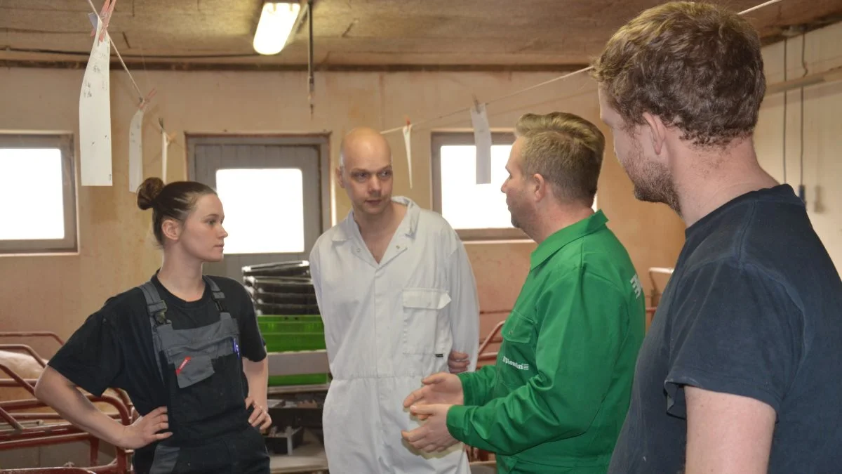 Besætningsdyrlæge Simon Åkerblom fra LVK (tv) og Simon Skaarup Jensen, der er technical sales manager ved Biomin mødtes forleden med Henrik Larsen (th) og Therese Bach på staldgangen på Enghavegård, for en opfølgning på de mange udfordringer med mykotoksiner som besætningen nu har bøvlet med i flere år, og som har vist sig at stamme fra halmen.