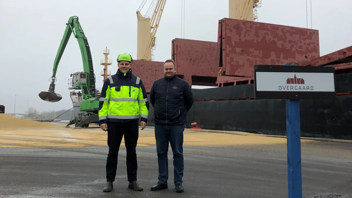 Overgaard udskiber blandt andet korn fra Nakskov Havn. Kornhandler Rasmus Tanciula fra Overgaard ses her til højre sammen med skibsmægler Philip Volsing fra skibsmæglerfirmaet Krinak A/S. Pressefoto