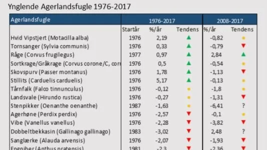 Tilbagegangen blandt de ynglende agerlandsfuglene er accelereret siden 2008. Kun råge og gærdesanger har siden været i fremgang indtil 201. For hele perioden 1976-2017 viste hele seks arter fremgang. Over perioden er den samlede bestand af de 22 agerlandsfuglearter svindet ind med en tredjedel af alle individer.