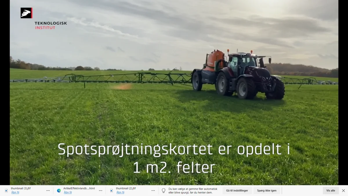 Den gulfarvede sprøjtevæske rammer præcist det angivne spot ud fra tildelingskortet fra droneoverflyning. Kilde og fotos: Teknologisk Institut