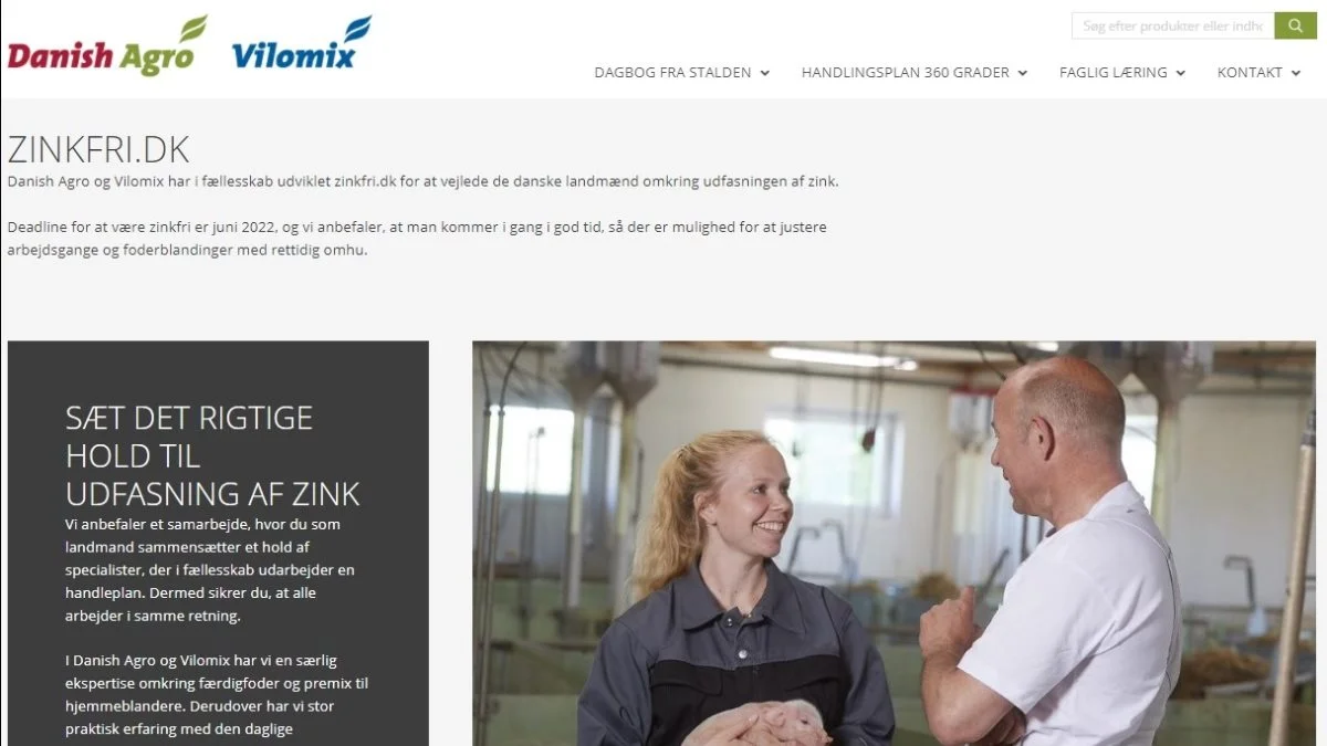 Den nye hjemmeside zinkfri.dk er skabt i samarbejde med Danish Agro og Vilomix. Foto: Screendump.