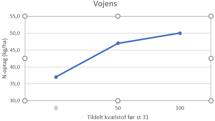 Kvælstofoptaget i de 50 kg N/ha-gødede parceller er 10 kg større end i nulparcellen og 13 kg større for parceller tilført 100 kg N/ha ved vækststart. Det tyder på, at vinterhveden har opbrugt de første 50 kg kvælstof, hvorfor det er tid til hurtigt at udføre anden gødningstildeling. Kilde: Yara