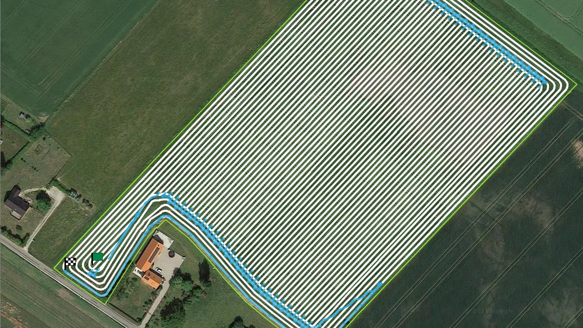 Et computerprogram laver denne plan for udsåning af en vårbygmark med robotten fra Agrointelli. Kilde: Lars Albrecht