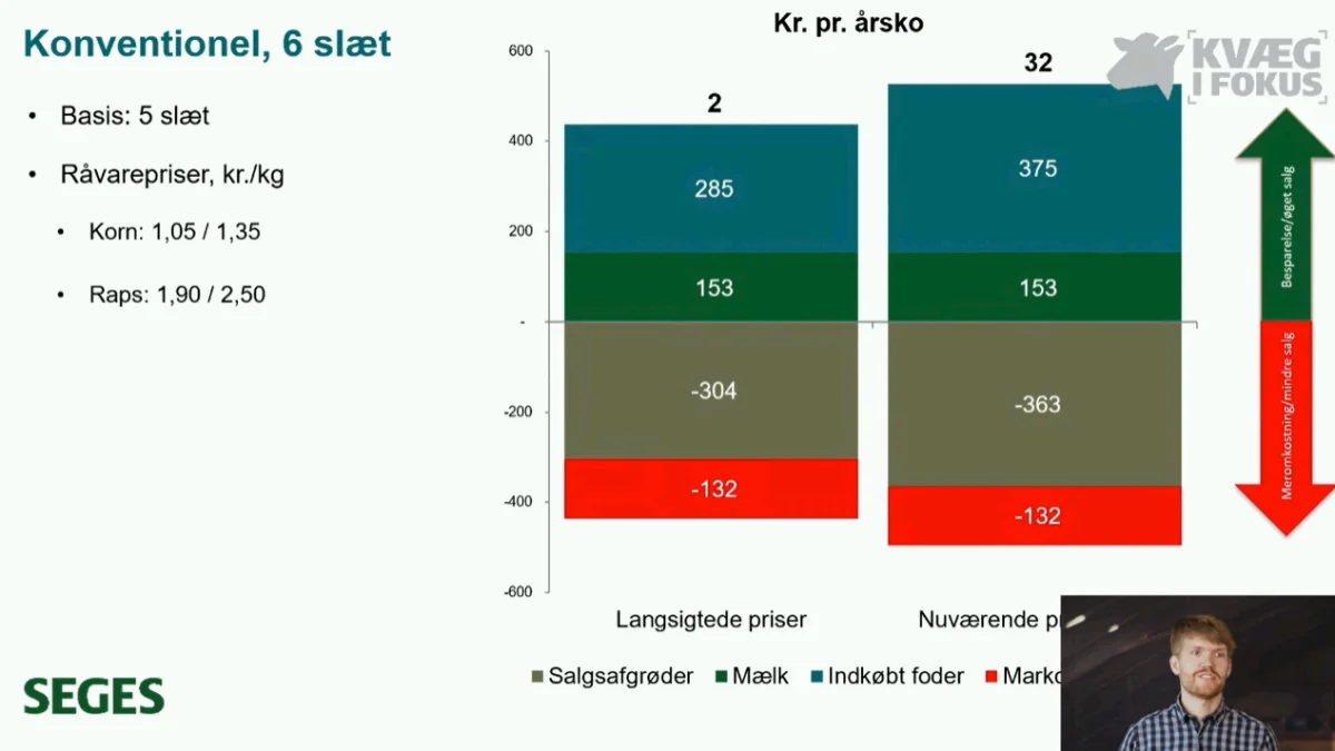 Med langsigtede priser viser Seges’ modelberegninger en gevinst på blot 2 kroner pr. årsko for konventionelle. Med de nuværende råvarepriser, er der 32 kroner at hente.