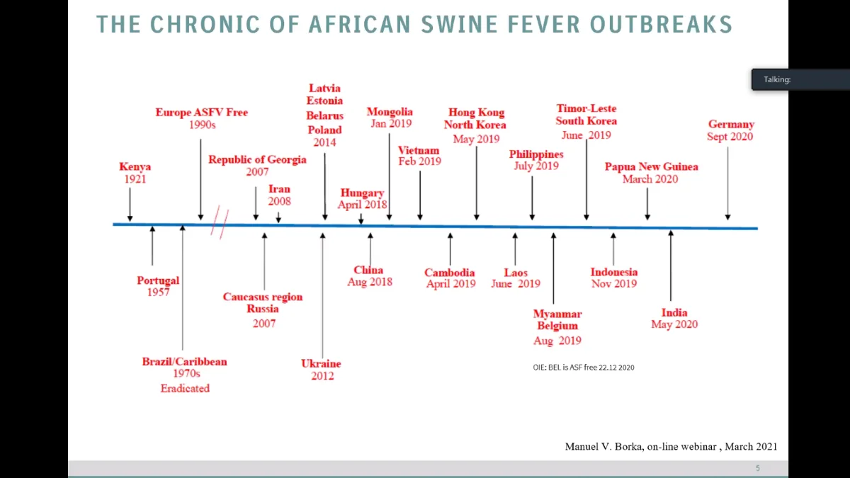 Afrikansk svinepest har været fundet i over 100 år og er første gang beskrevet i Kenya i 1921. I 2007 dukkede ASF op igen i en ny og mere smitsom genotype i Georgien, hvorfra den hurtigt spredte sig både øst og vest på.
