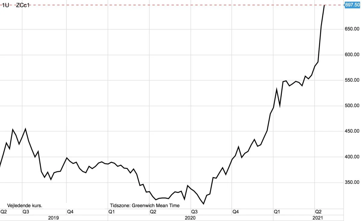CBOT-corn i US-cent pr. bushel
Prisen for majs i USA er blevet langt mere end fordoblet siden august måned sidste år. Alene hen over den seneste måned er prisen gået op med 35 procent. 
