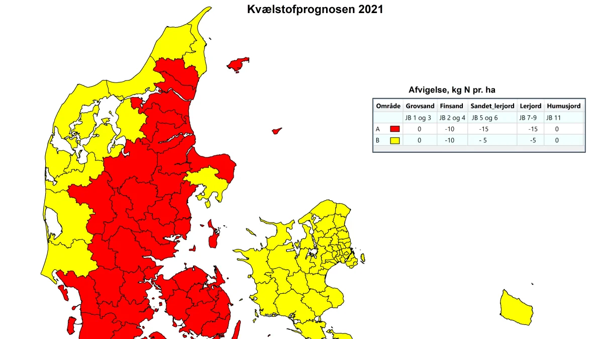 I område A (røde kommuner) har nedbøren ligget 122 millimeter under gennemsnittet for de sidste 10 år. I område B (gule kommuner) har nedbøren ligget 54 millimeter under gennemsnittet. Kilde: Landbrugsstyrelsen