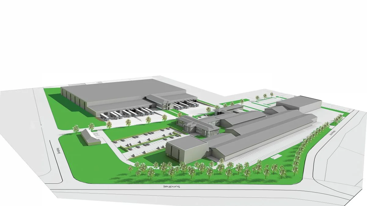 Sådan ser skitsen til Skovs nye logistikcenter ud. Det nye center udgør cirka 16.000 kvadratmeter.