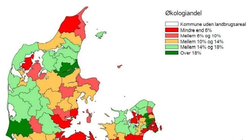 Overskrift: Andel af økologisk areal pr. 31. maj 2020 i forhold til det totale produktionsareal pr. kommune
Kilde: Landbrugssstyrelsen: Statistik over økologiske jordbrugsbedrifter 2020.
