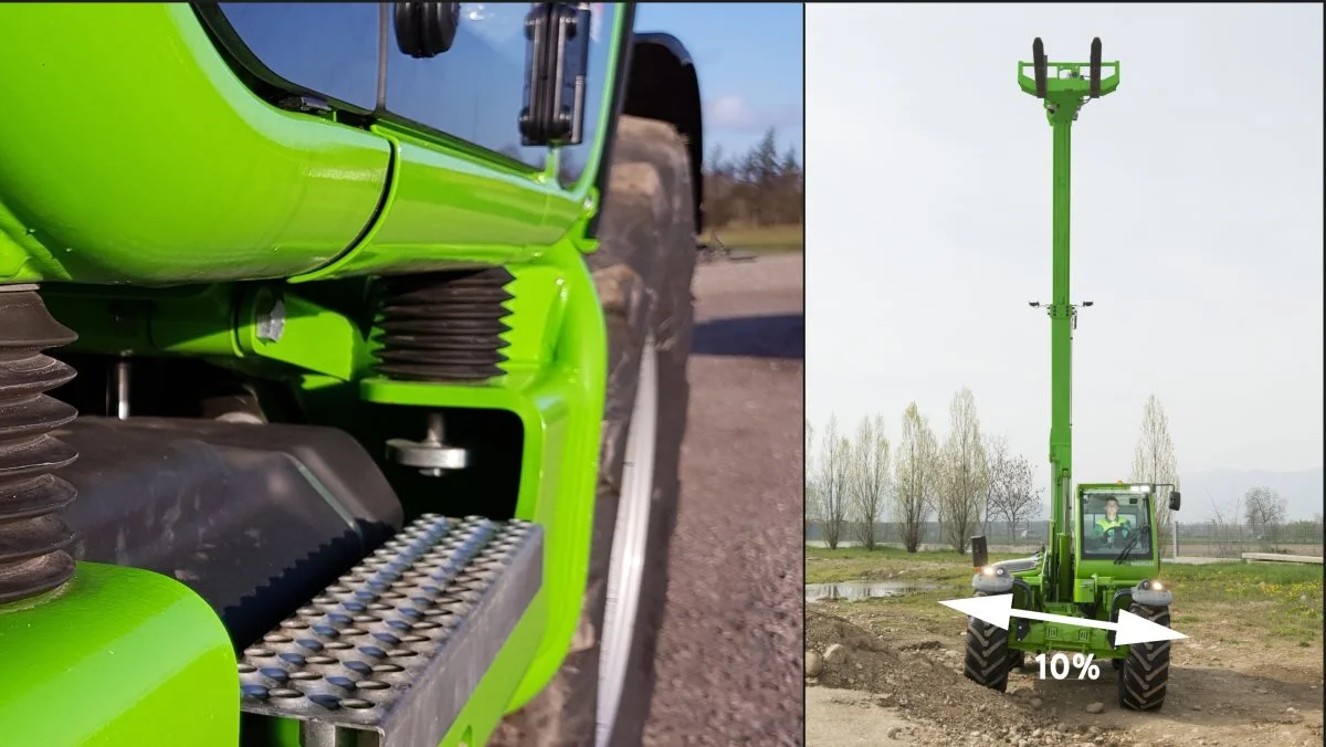 Merlo TF65.9 er som standard udstyret med ”Frame levelling”-systemet som sikrer at teleskoplæsseren bibeholder en vandret position ved kørsel på ujævnt terræn. 