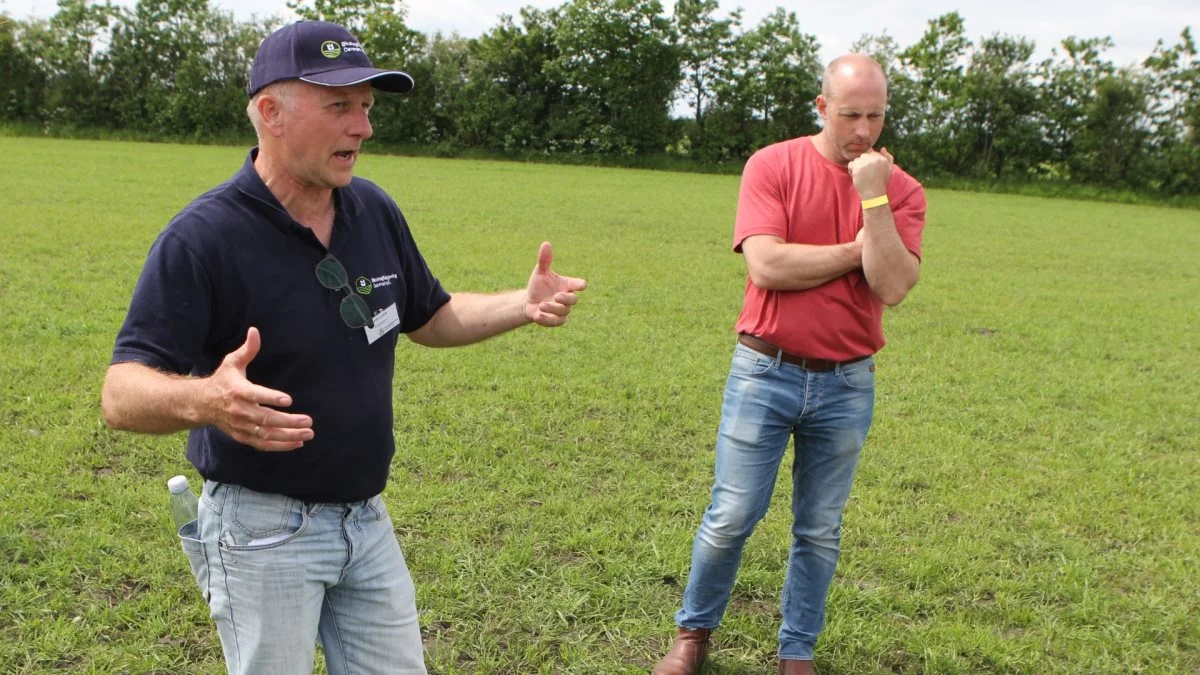 - Vi ved, at køerne utrolig gerne vil spise rug, og når bestanden er tæt, tager de også det spæde ukrudt med op, fortalte kvægrådgiver Hans Lund (forrest).