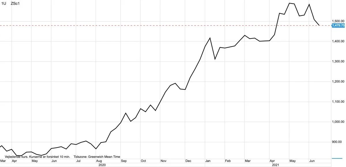 Ugegraf: CBOT Sojabønner i US-cent pr. bushel

Denne måneds WASDE-rapport har sat pres på prisen for sojabønner, og en decideret ned-trend kan netop nu være i sin spæde begyndelse. 
