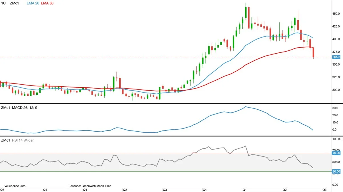 CBOT-sojaskrå, første position i dollar pr. short ton

Prisen for sojaskrå har nu også brudt støtte i 375 dollar, og dermed er også den lange trend nu vendt fra op til ned.
