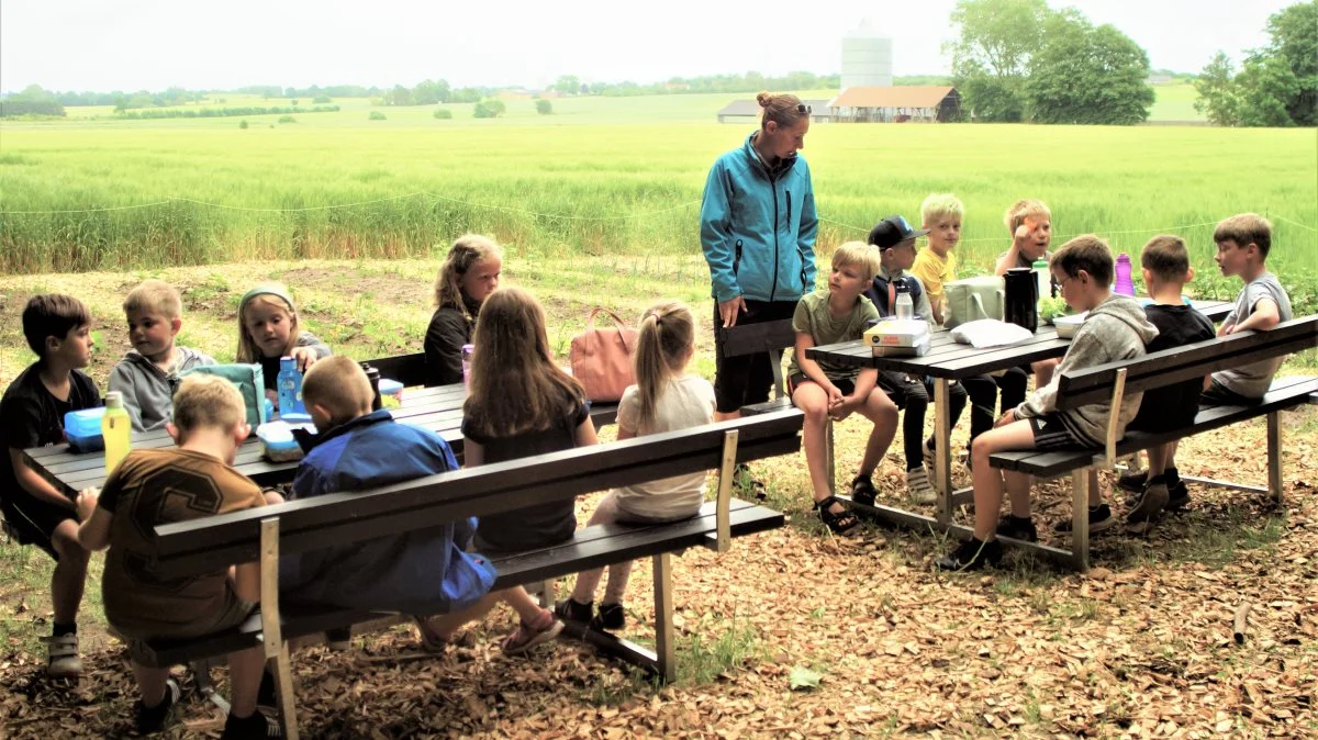 Børnene på Toubroskolen har netop holdt havefest, hvor de fejrede årets første høst i deres nye skolehave. Foto: Djursland Landboforening.