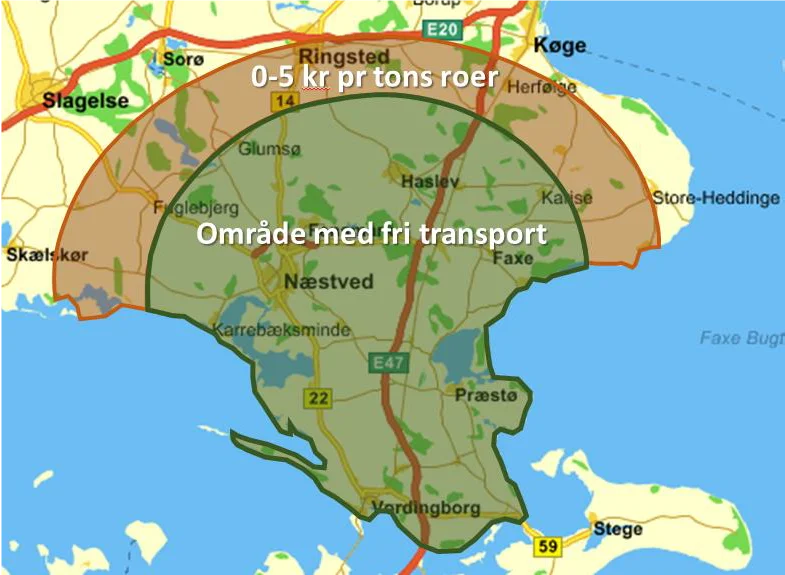 Kortet viser den del af Sjælland, som er omfattet af fri transport.