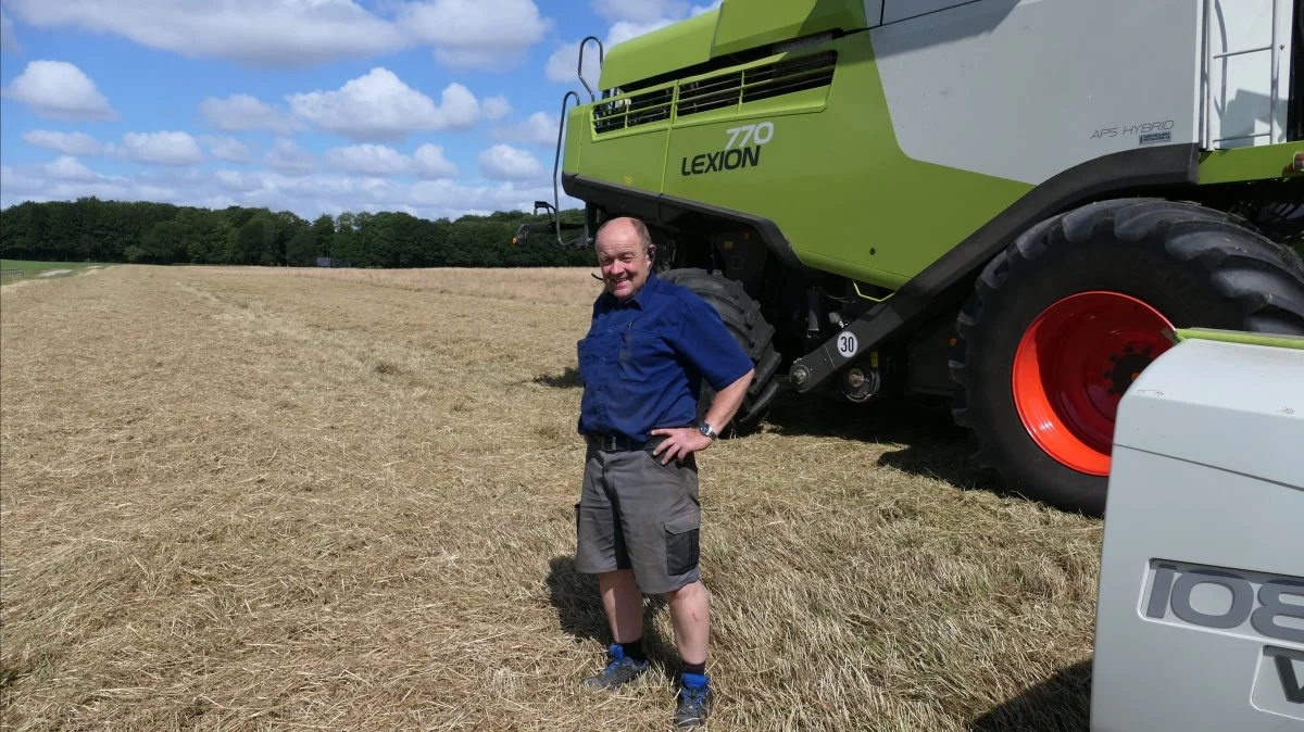 Karl Ole Jochumsen lader Lexion-mejetærskeren sprede frøhalmen ud over hele bredden for at få den hurtigere tør. Frøhalmen skal leveres til halmværker i området. Fotos: Bøje Østerlund