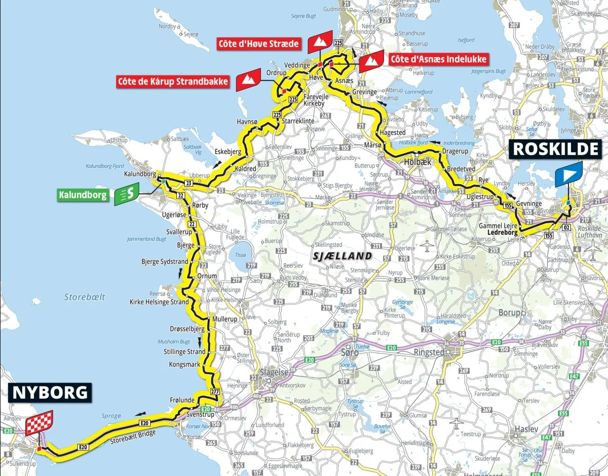 Etape 2 køres fra Roskilde til Nyborg, og ønsket er, at ruten bliver farvet gul af blomster. Foto: GEOAtlas.com/letourcph.dk
