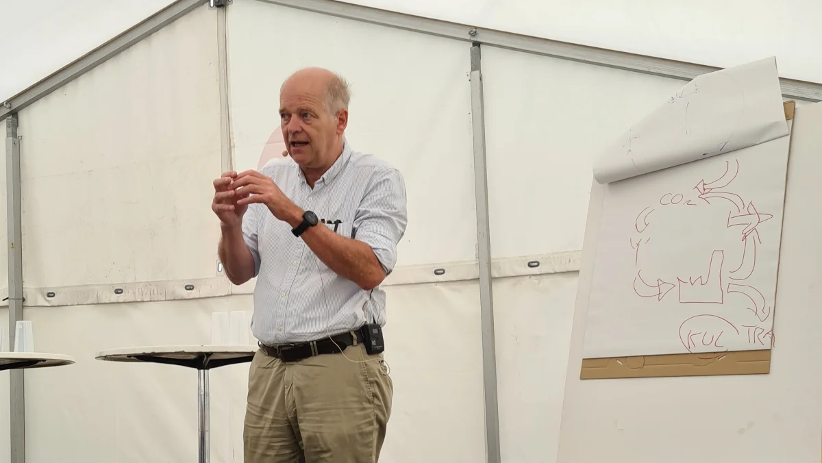 På bedste Jørgen Clevin-facon tegnede og fortalte Henrik Stiesdal om det columbusæg, som nogle har kaldt SkyClean-teknologien med pyrolyseanlæg til blandt andet halm og affaldsstoffer fra markerne. Fotos: Henning Andersen