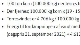 Regneeksempel på energiforbrug til tørring af 100 tons korn. Kilde: Seges