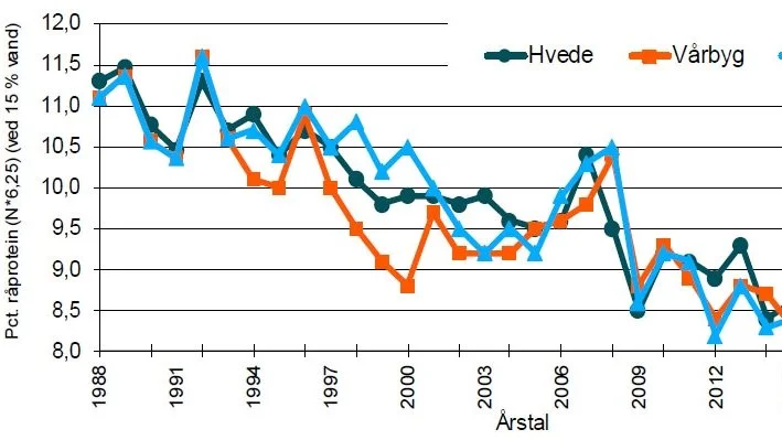 Udvikling i analyseret råprotein (% i varen, ved 15 % vand) i hvede, vårbyg og vinterbyg fra 1988 til 2020. Kilde: Seges Svineproduktion
