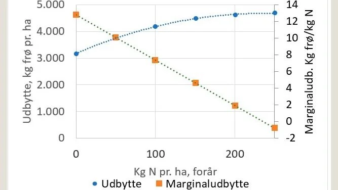 Udbytte ved stigende mængde kvælstof i gennemsnit af 23 vinterrapsforsøg 2012-2021 med forfrugt korn. Den røde kurve viser på aksen til højre merudbyttet i kg frø for at tilføre 1 kg N mere.