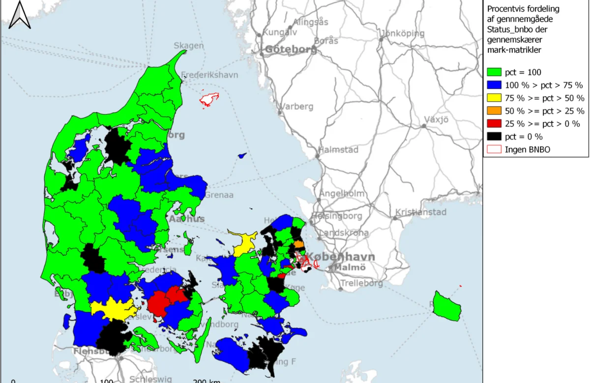 I de sortfarvede kommuner er der endnu ikke indrapporteret en eneste risikovurdering af et BNBO. Kort: Miljøministeriet