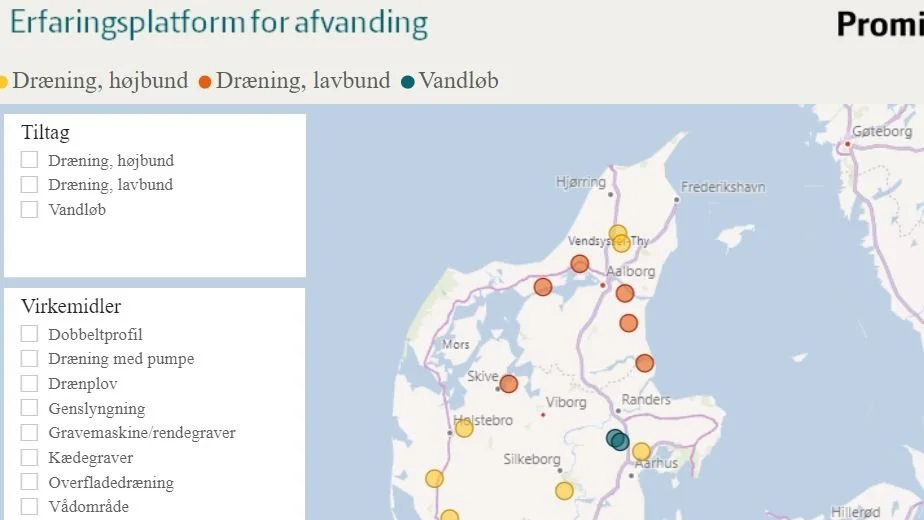 På den nye platform er det muligt at vælge inden for sit eget geografiske område og se andres løsninger og erfaringer inden for afvanding. Platformen er under stadig udvikling og Seges anmoder derfor alle, der har erfaring med afvanding og dræning, til at melde ind med deres erfaringer. Kilde: Seges 