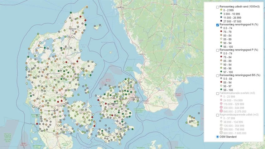 Her er et overblik over spildevandskortet, som Seges har udarbejdet. Det er muligt at klikke på de enkelte punkter på hjemmesiden spildevandsdata.dk.