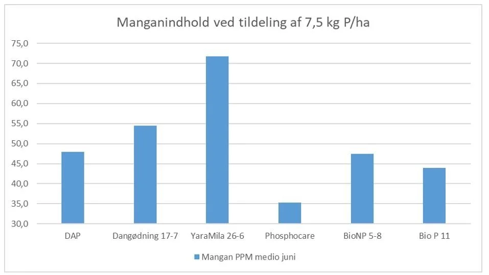 Manganindhold i planterne efter placering af forskellige startgødninger ved såning. YaraMila Majs NP 26-6 frigiver mest mangan ved ens fosfortildeling sammenlignet med andre startgødninger. Grafen er et gennemsnit af fire landsforsøg i 2020. Kilde: Yara