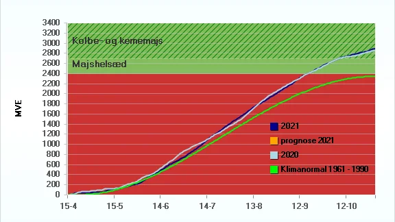 Majsvarmeenheder i Ringkøbing. De seneste to år har majsvarmeenhederne fundet sig et nyt forløb i sammenligningen med den gamle »klimanormal« fra tiden, hvor de første majsplanter forsøgtes dyrket i Danmark. Kilde: Seges