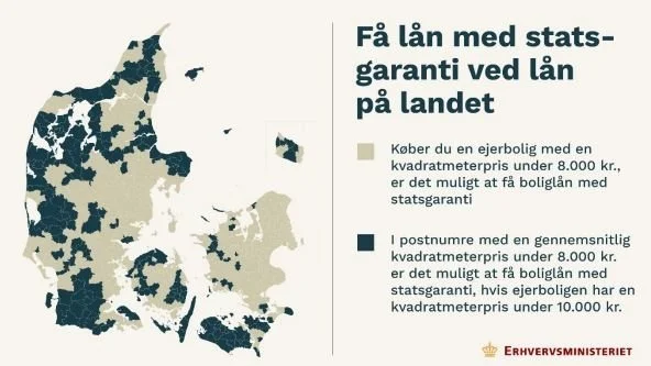 Erhvervsministeriets Danmarkskort, hvor de kommuner, hvor det kan være vanskeligt at få realkreditlån til boligkøb (mørkegrønne) er markeret. Kilde: Erhvervsministeriet