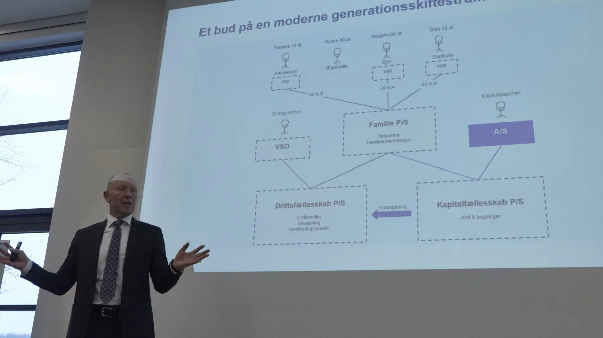 Advokat og partner Michael Serup, Bech-Bruun, præsenterede modeller for generationsskifte af en landbrugsbedrift, både hvor familien kunne tænkes tidligt ind og med mulighed for fremmed investering. Fotos: Erik Hansen