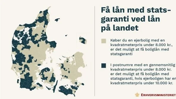 Erhvervsministeriets danmarkskort, hvor de kommuner, hvor det kan være vanskeligt at få realkreditlån til boligkøb (mørkegrønne) er markeret. Kilde: Erhvervsministeriet