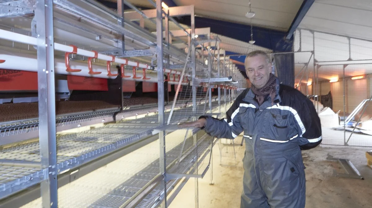 Michael Balle viser det næsten færdigmonterede staldanlæg. Via trappen eller ved selv at flyve derop, kan de økologiske høns benytte redekasser med den røde skærm, de røde vandnipler, foderbordene på alle tre etager eller pindene øverst til at overnatte på. Fotos: Erik Hansen