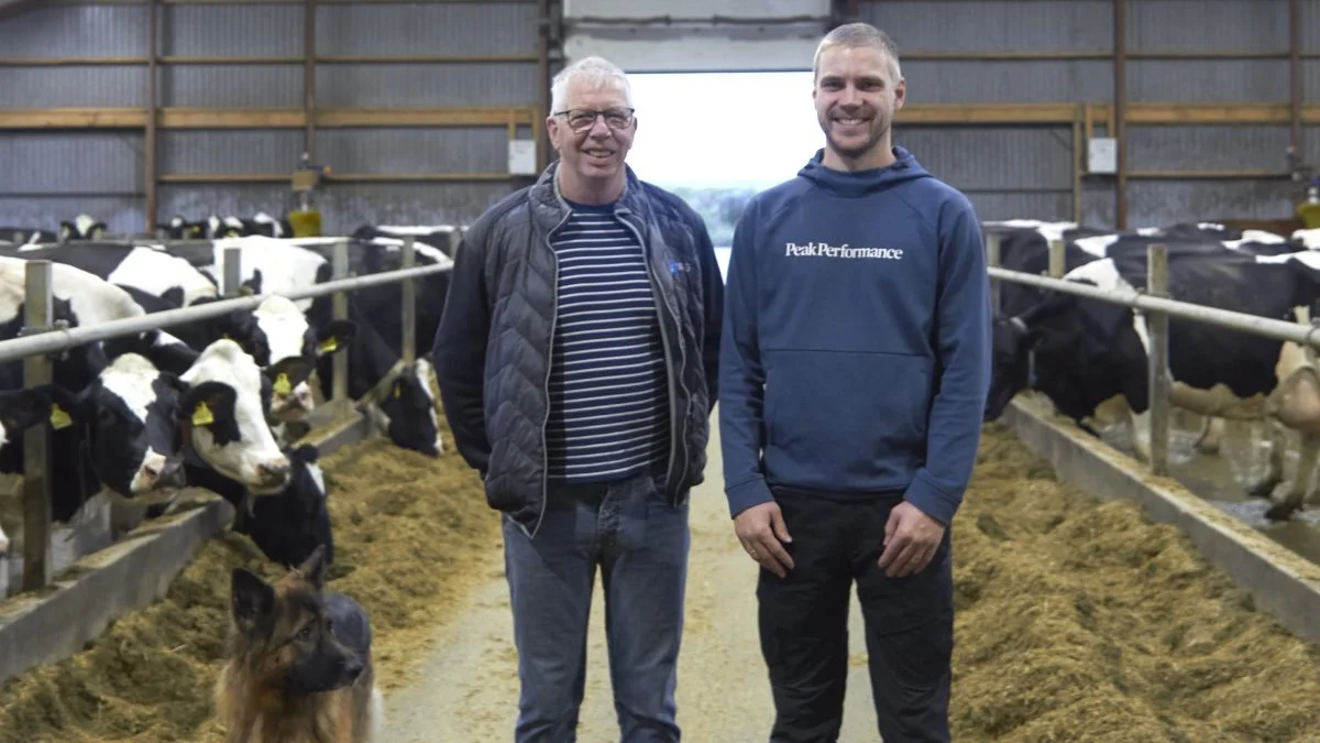 - Vi kan mærke, at køerne fungerer bedre, og leveringsprocenten er højere. Vi er jo steget 1.500 kg EKM pr. ko på bare to år, siger Anton Hammershøj, som sammen med Andreas Vestergaard (th.) er gået fra malkerobotter til malkestald.