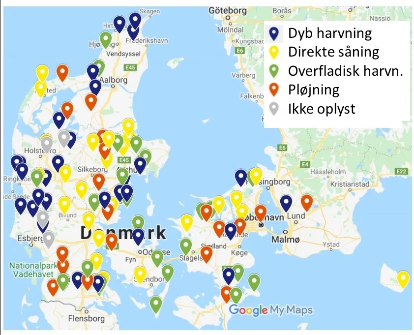 Landmænd fra hele landet har ytret interesse for at være med i en erfagruppe om pløjefri dyrkning eller CA. Mange af de interessererede pløjer i dag. Kort: FRDK