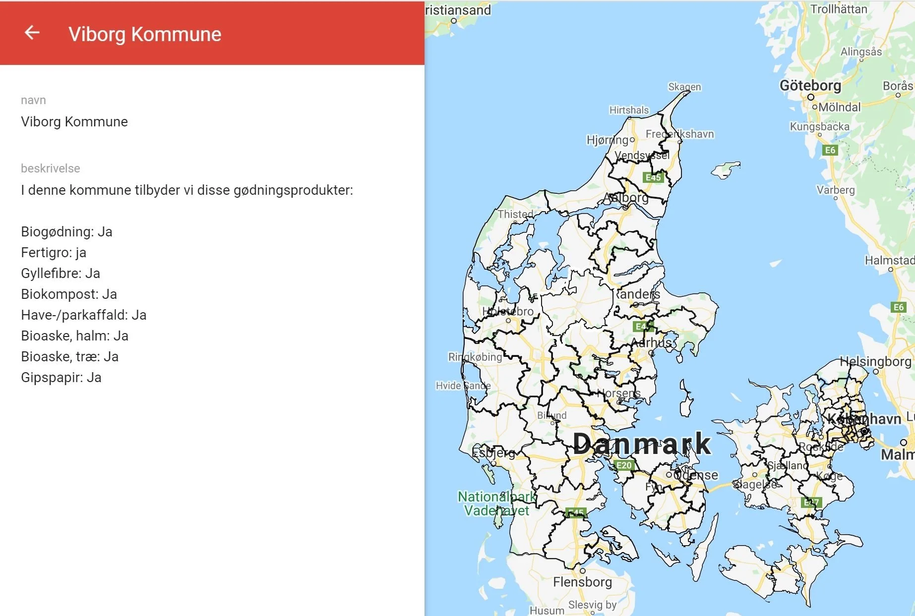 HedeDanmarks kort kan give et overblik over, hvilke gødningsprodukter, der kan leveres i din kommune. Skærmdump