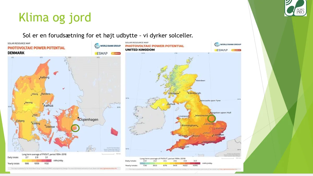 Farverne viser, hvor der er flest solskinstimer i Danmark og UK. - Stevns på Sjælland ligner faktisk meget Lincolnshire i det østlige England, hvor Tim Lamyman bor, understreger Vagn Lundsteen.