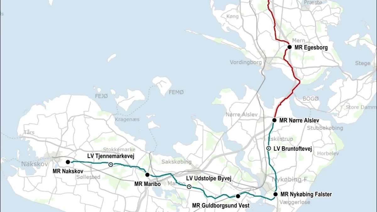 Fra Everdrup udenfor Næstved skal gasledningen efter planen gå helt til Nakskov på Lolland, viser den linjeføring, der er foretaget af bygherrerne. Kilde: Energistyrelsen