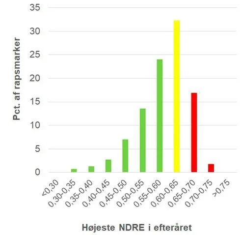 Histogram over fordelingen af NDRE i cirka 11.000 vinterrapsmarker i november 2021. Cirka 20 procent af markerne har et biomasseindeks over 0,65, og her er potentiale for at spare gødning. Figur: Seges Innovation