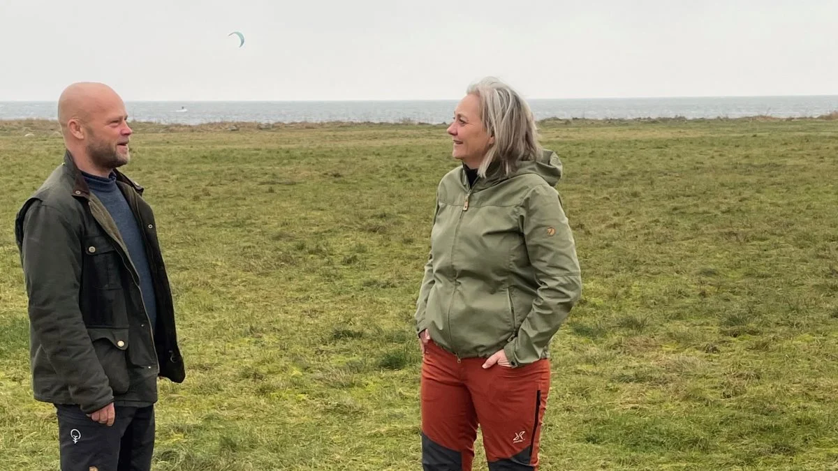 Der er adskillige arealer i Halsnæs Kommune, der vil kunne omlægges fra konventionelt til økologisk brug. Her ser Jens Peter Hermansen fra Innovationscenter for Økologisk Landbrug nærmere på en mark sammen med Anja Rosengren, der er formand for Udvalget for Klima, Natur og Miljø i kommunen. Foto: Halsnæs Kommune