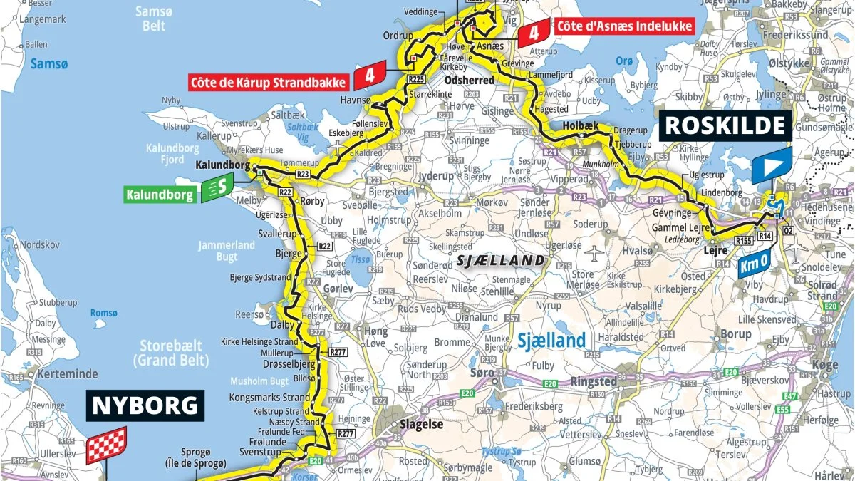 2. etape af Tour de France 2022 køres af denne rute fra Roskilde til Nyborg på Fyn igennem dele af Odsherred til Kalundborg ned til Storebæltsbroen den 2. juli. Kilde: Letourcph.dk