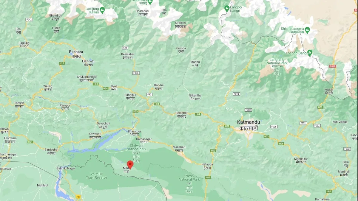 Kort over den centrale del af Nepal med angivelse af Madi.