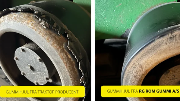 Her er forskellen på de gummihjul, RG Rom Gummi har produceret (til højre), og de originale fra traktorproducenten (til venstre). Begge hjul har kørt samme antal timer. Arkivfotos