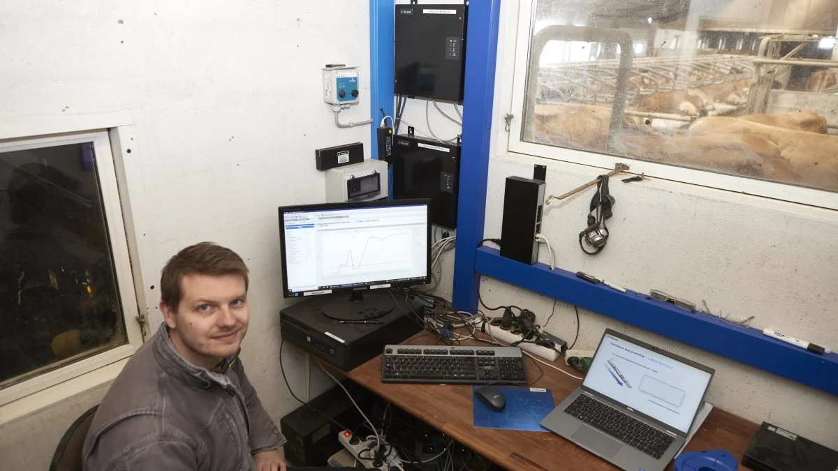 Overvågningen af de 120 malkende jerseykøer klarer Jesper Waskiw Pedersen i høj grad på computerskærmen i malkerummet, og via malkerobotternes InControl-system på sin smartphone. Til daglig bruger han normalvis kun halvanden time om morgenen og en time om eftermiddagen i stalden. Fotos: Erik Hansen 