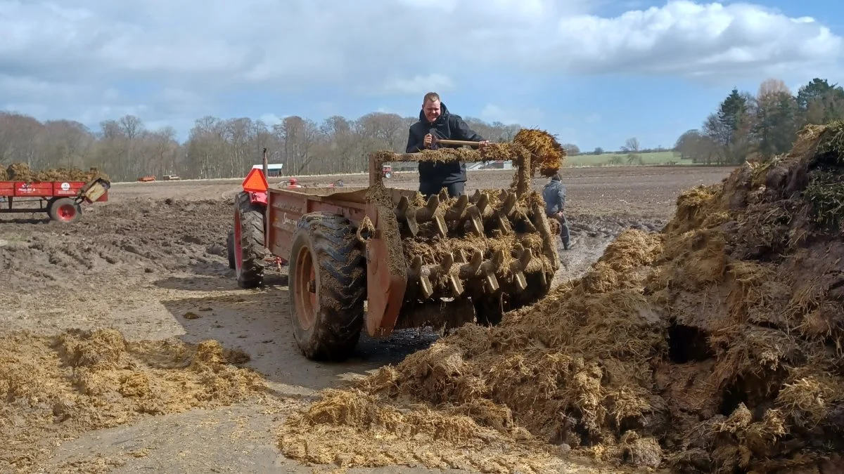 Richard Stengård måtte i gang pr. håndkraft, da bomremmen kom i klemme i siderammen og sprang på hans Lysbro svinglæsser, ved Motor- og Veterantraktorklubben Fyns første forårsdag med spredning af staldgødning og pløjning. Foto: Gunnar Larsen