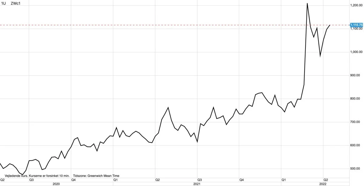 Dagsgraf: CBOT Hvede i US-cent pr. bsuhel
Hvedeprisen på afgrødebørsen i Chicago har retning mod historiske rekorder fra 2008. Det skyldes blandt andet, at den amerikanske vinterhvede er af en ganske elendig beskaffenhed.   
